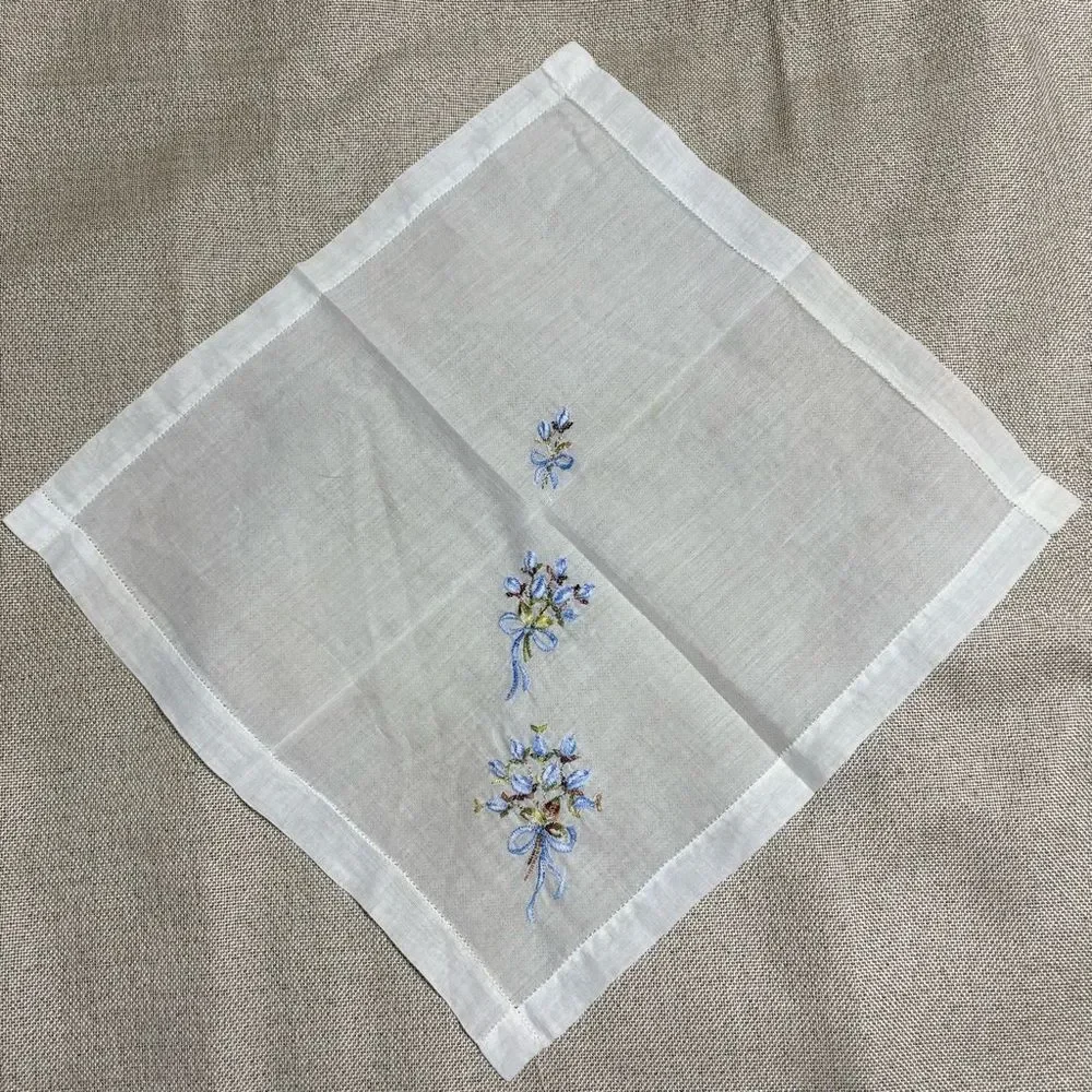 Vintage Hand Embroidered Floral Handkerchief Blue Forget Me Not Hanky